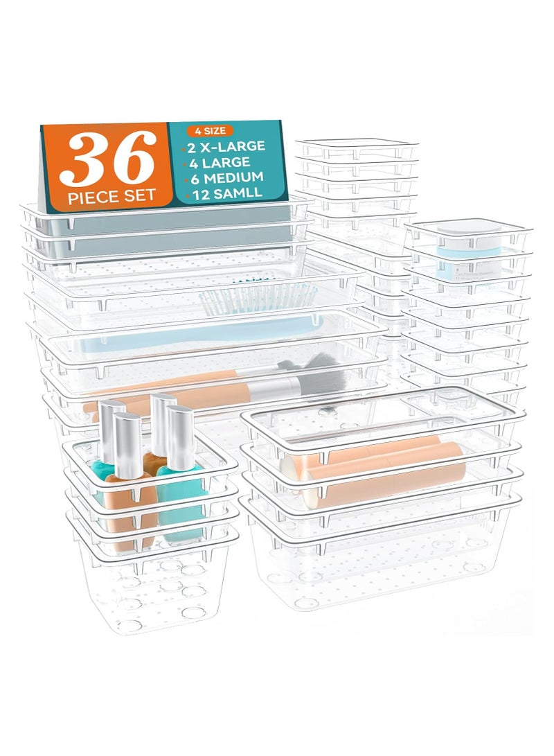 مجموعة منظم أدراج مكونة من 36 قطعة، 4 وحدات أدراج تخزين، منظم مكياج بلاستيكي شفاف وصناديق تخزين للمكياج والقرطاسية والأدوات المتعددة للحمام والمكتب وغرفة النوم - Image 1