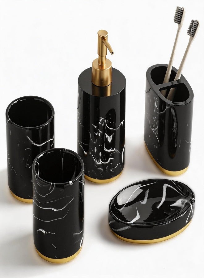 Jung Ford 5-Piece Bathroom Counter Top Accessory Set - Dispenser for Liquid Soap or Lotion, Soap Dish, Toothbrush Holder and 2 Tumblers, Gold Base, Marble Pattern Resin (Black) - Image 1