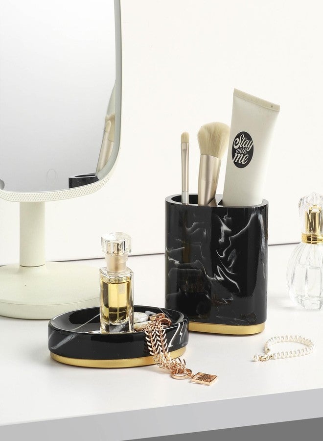 Jung Ford 5-Piece Bathroom Counter Top Accessory Set - Dispenser for Liquid Soap or Lotion, Soap Dish, Toothbrush Holder and 2 Tumblers, Gold Base, Marble Pattern Resin (Black) - Image 5