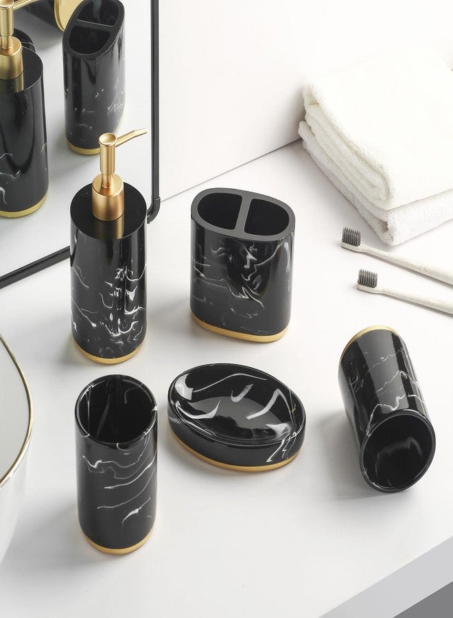 Jung Ford 5-Piece Bathroom Counter Top Accessory Set - Dispenser for Liquid Soap or Lotion, Soap Dish, Toothbrush Holder and 2 Tumblers, Gold Base, Marble Pattern Resin (Black) - Image 4