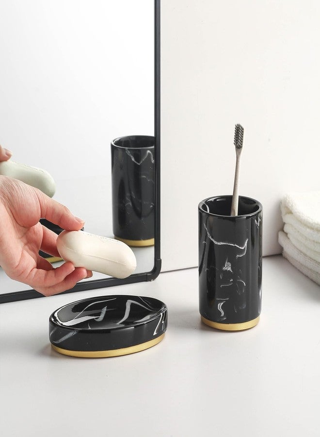 Jung Ford 5-Piece Bathroom Counter Top Accessory Set - Dispenser for Liquid Soap or Lotion, Soap Dish, Toothbrush Holder and 2 Tumblers, Gold Base, Marble Pattern Resin (Black) - Image 3