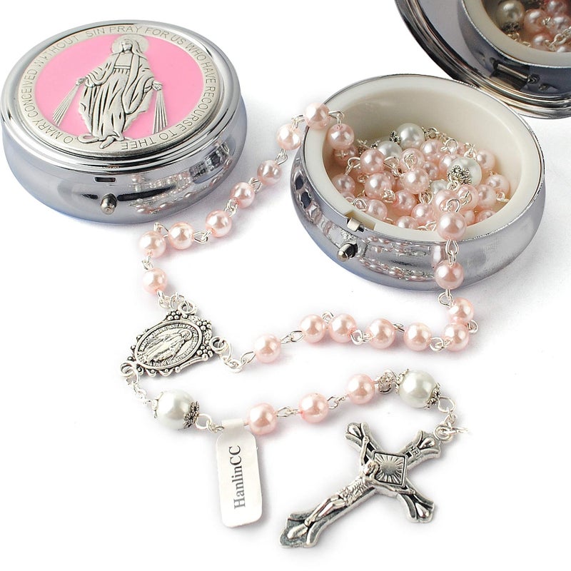 HanlinCC 6mm Glass Pearl Beads with 8mm Our Father Beads with Caps Rosary Pack in Miraculous Metal Gift Box (Pink Rosary with Miraculous Gift Box) - Image 2