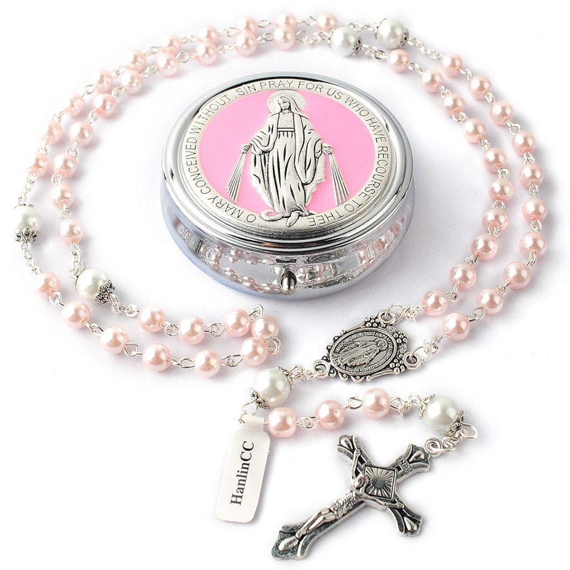 HanlinCC 6mm Glass Pearl Beads with 8mm Our Father Beads with Caps Rosary Pack in Miraculous Metal Gift Box (Pink Rosary with Miraculous Gift Box) - Image 1