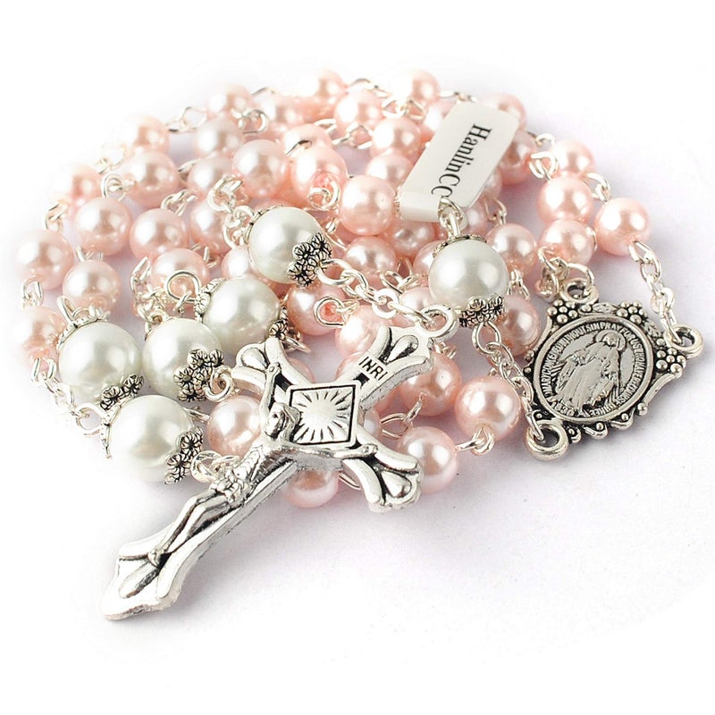 HanlinCC 6mm Glass Pearl Beads with 8mm Our Father Beads with Caps Rosary Pack in Miraculous Metal Gift Box (Pink Rosary with Miraculous Gift Box) - Image 3