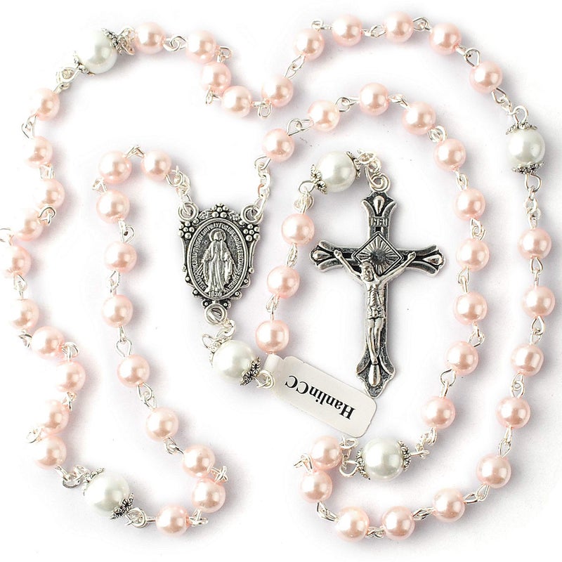 HanlinCC 6mm Glass Pearl Beads with 8mm Our Father Beads with Caps Rosary Pack in Miraculous Metal Gift Box (Pink Rosary with Miraculous Gift Box) - Image 5