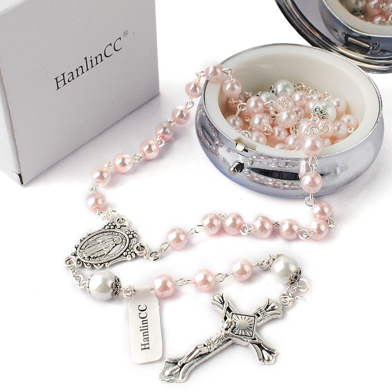 HanlinCC 6mm Glass Pearl Beads with 8mm Our Father Beads with Caps Rosary Pack in Miraculous Metal Gift Box (Pink Rosary with Miraculous Gift Box) - Image 4