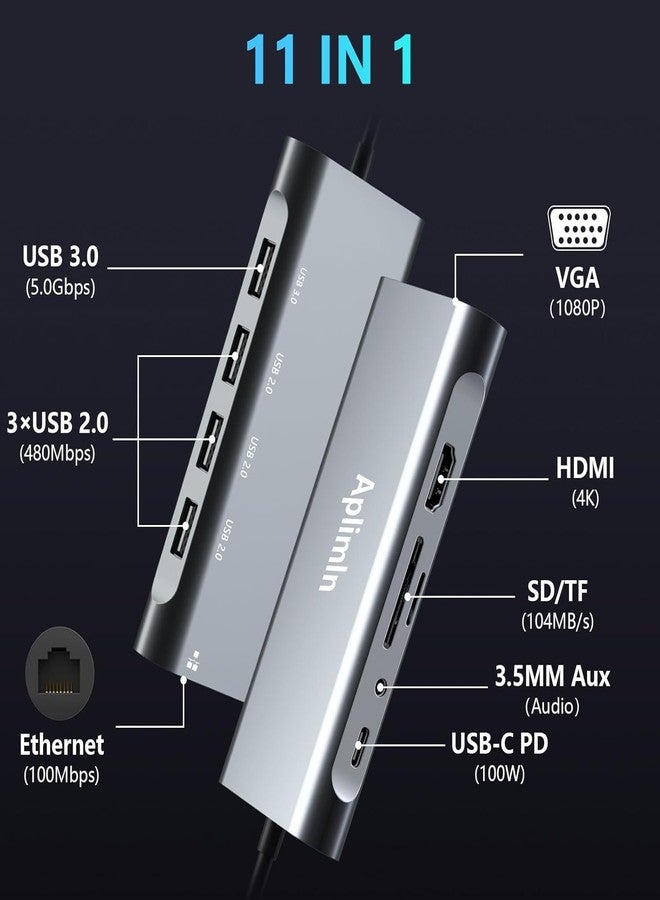 Aplimln USB C HUB, USB C Adapter 11 in 1 Dongle with 4K HDMI, VGA, Type C PD, USB3.0, RJ45 Ethernet, SD/TF Card Reader, 3.5mm Headphone Jack, Compatible with MacBook Pro/Air, Other Type C Laptops - Image 2