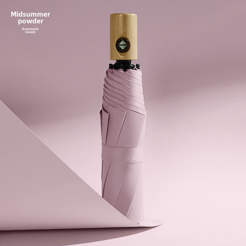 Personalized Wooden Handle Auto Sun Umbrella UV Protection Automatic Midsummer Powder with Small Wooden Handle 