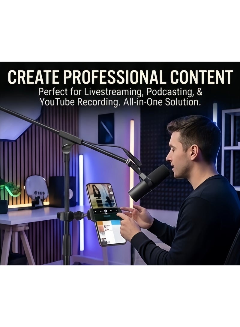 FlashHawk Microphone Floor Stand with Phone/Tablet Holder, Adjustable Boom Mic Stand with Heavy-Duty Base, for Streaming, Podcasting, Recording, and Live Performances - Image 3