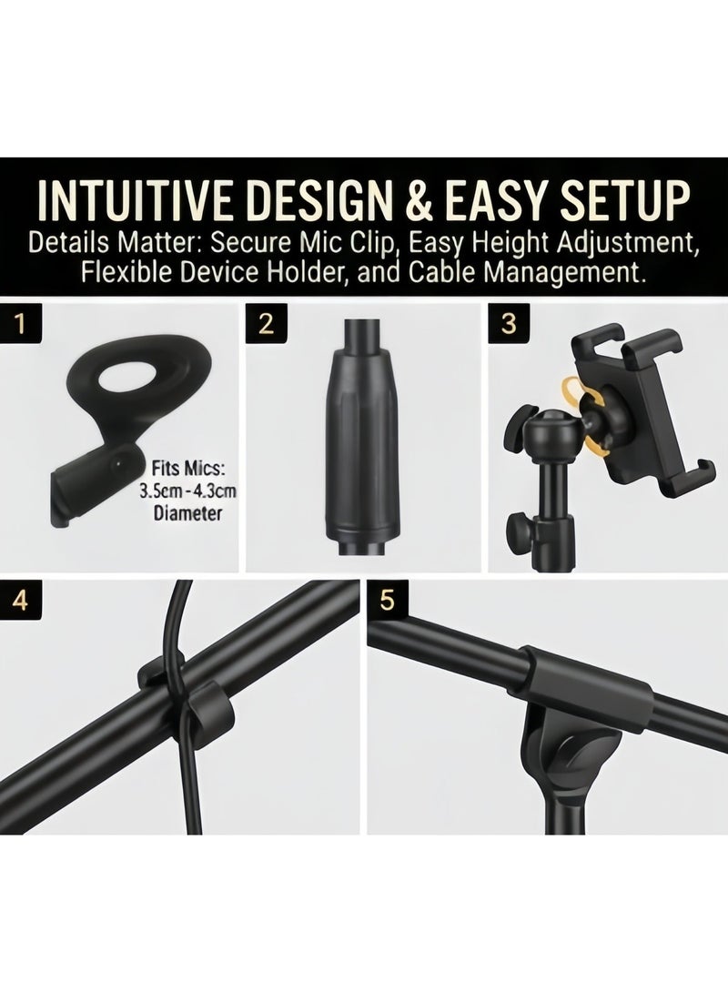 FlashHawk Microphone Floor Stand with Phone/Tablet Holder, Adjustable Boom Mic Stand with Heavy-Duty Base, for Streaming, Podcasting, Recording, and Live Performances - Image 5