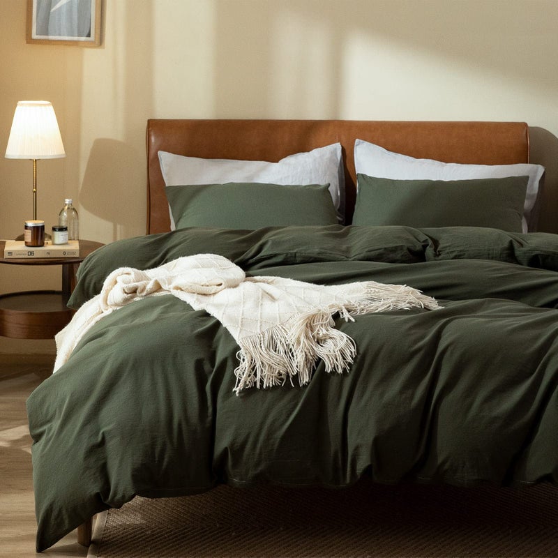 Jane yre Dark Green Duvet Cover King, 100% Washed Cotton Linen Like Textured 3 Pieces Bedding Set, Solid Color Simple Style Luxury Relaxed Feel Natural Wrinkled Breathable Soft Comfy - Image 2