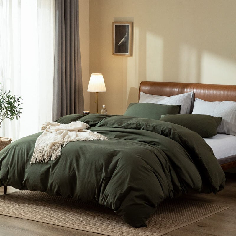 Jane yre Dark Green Duvet Cover King, 100% Washed Cotton Linen Like Textured 3 Pieces Bedding Set, Solid Color Simple Style Luxury Relaxed Feel Natural Wrinkled Breathable Soft Comfy - Image 3
