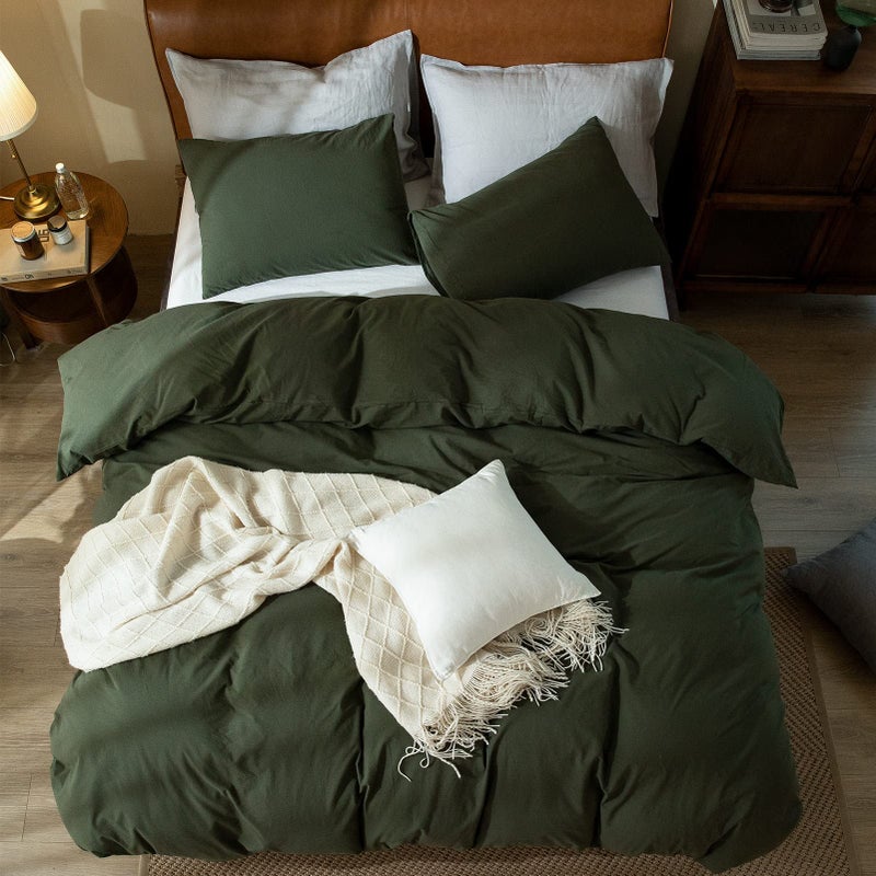 Jane yre Dark Green Duvet Cover King, 100% Washed Cotton Linen Like Textured 3 Pieces Bedding Set, Solid Color Simple Style Luxury Relaxed Feel Natural Wrinkled Breathable Soft Comfy - Image 4