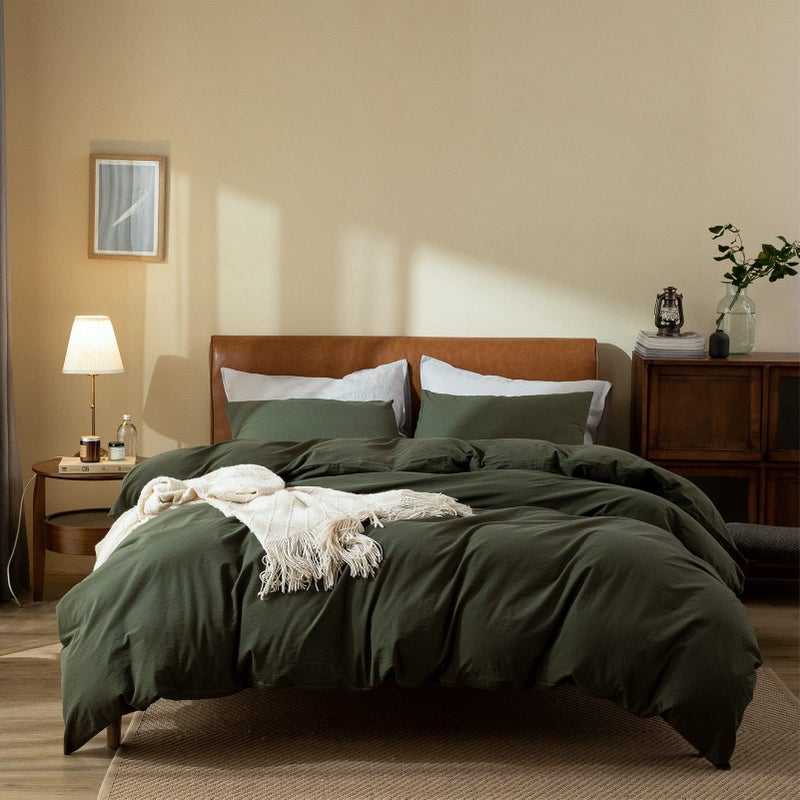 Jane yre Dark Green Duvet Cover King, 100% Washed Cotton Linen Like Textured 3 Pieces Bedding Set, Solid Color Simple Style Luxury Relaxed Feel Natural Wrinkled Breathable Soft Comfy - Image 1