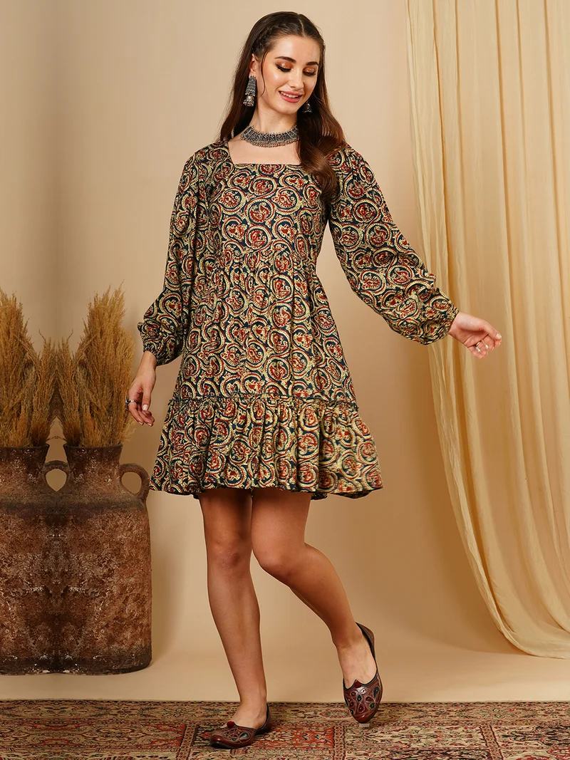 globus Women Printed Bishop Sleeve Fit & Flare Ethnic Dress