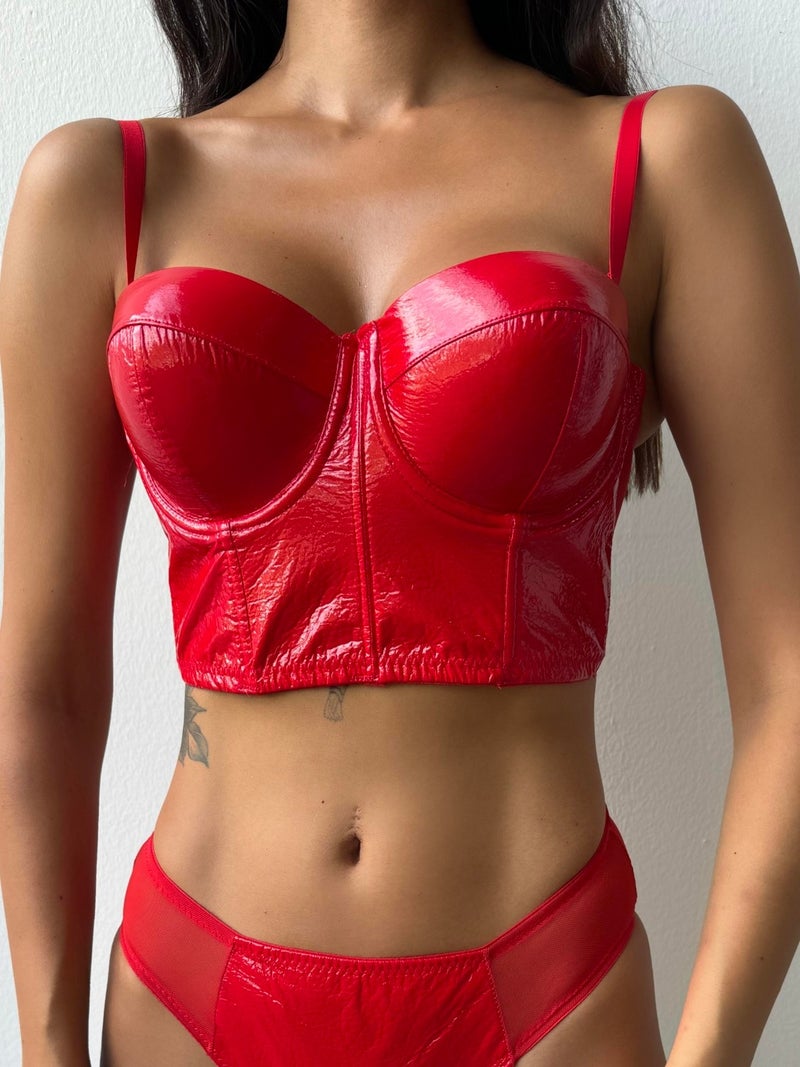 Shiny Padded Red Leather Bustier Set (680T)