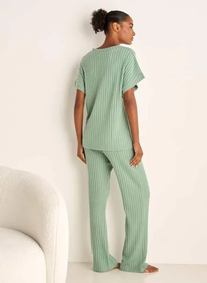 Splash FAV Ribbed V-neck Top and Elasticated Pyjama Set