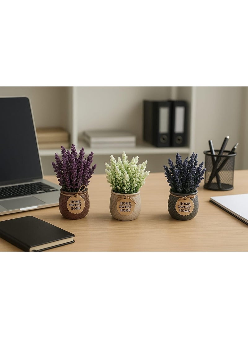 Artificial Mini Lavender Flower with Ceramic Pots Small Fake Decorative Item for Home Office Bathroom Kitchen Table Decor (Set of 3) - Image 2