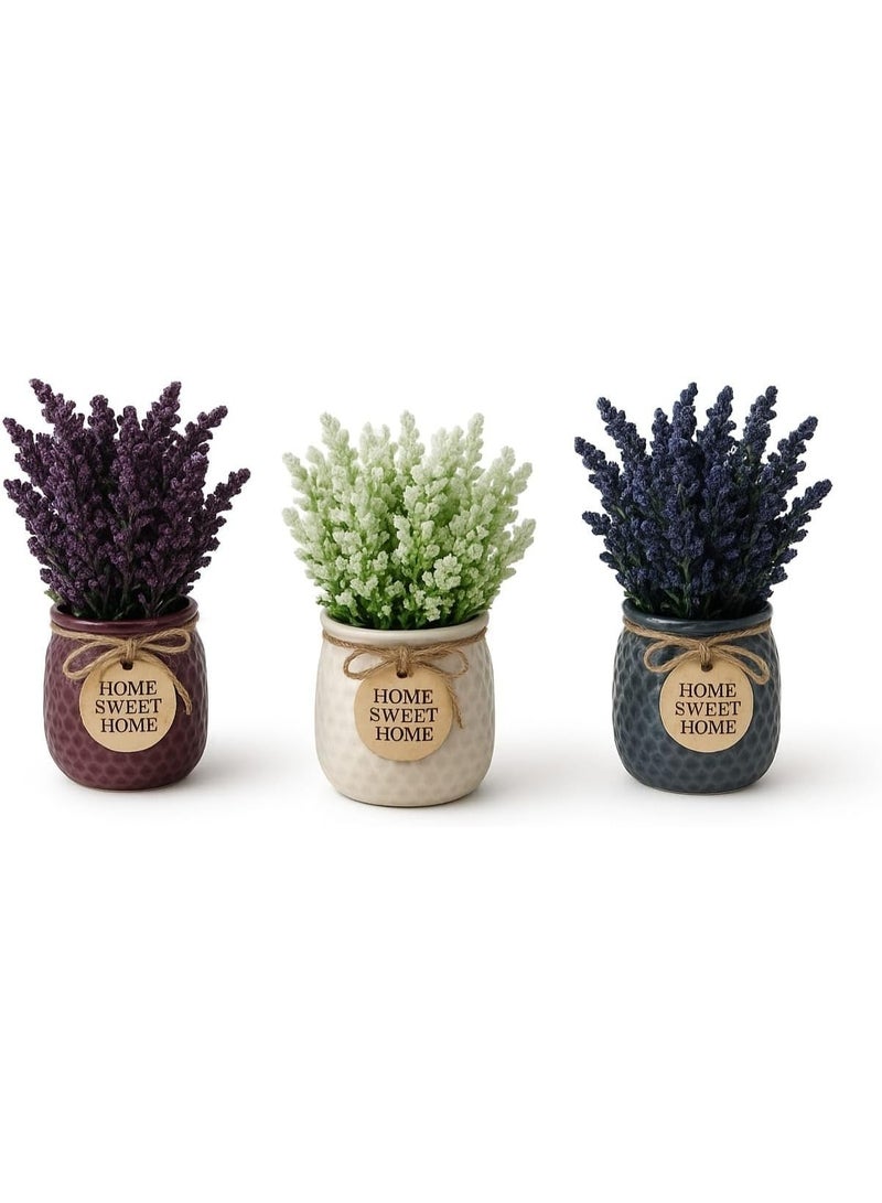 Artificial Mini Lavender Flower with Ceramic Pots Small Fake Decorative Item for Home Office Bathroom Kitchen Table Decor (Set of 3) - Image 1