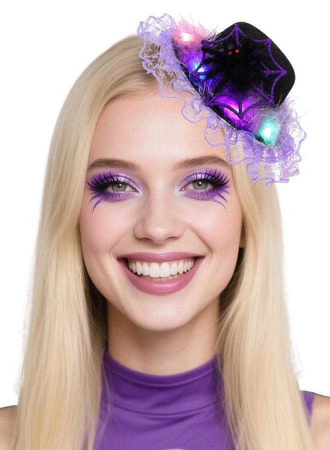 Bohend Light-up Mini Top Hat for Women Sparkly Halloween Tiny Spider Hair Clip Purple Lace Cosplay Fascinator (Purple-Spider) - Image 1