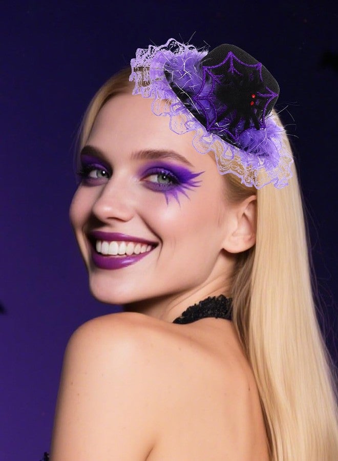 Bohend Light-up Mini Top Hat for Women Sparkly Halloween Tiny Spider Hair Clip Purple Lace Cosplay Fascinator (Purple-Spider) - Image 2