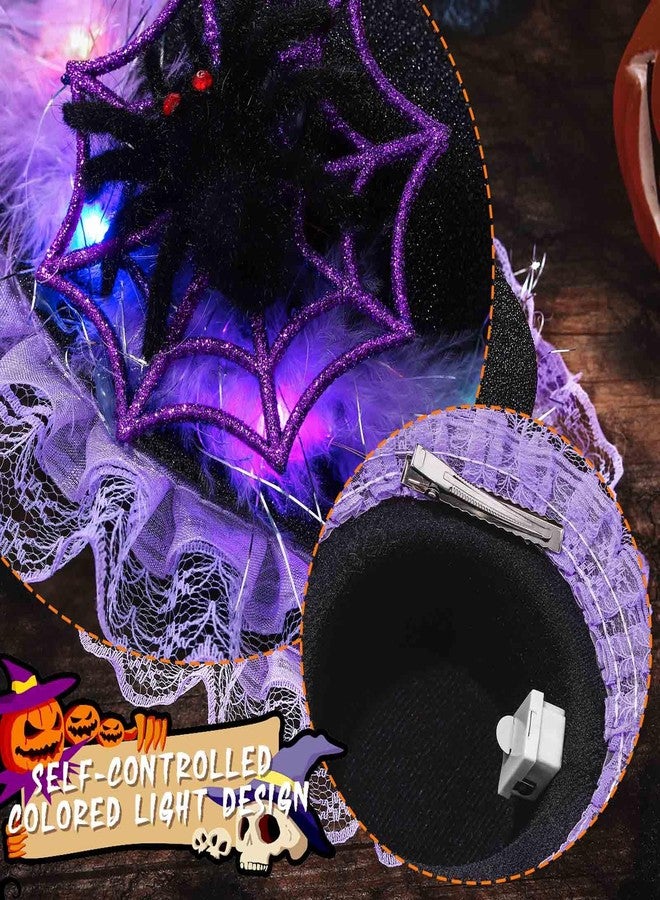 Bohend Light-up Mini Top Hat for Women Sparkly Halloween Tiny Spider Hair Clip Purple Lace Cosplay Fascinator (Purple-Spider) - Image 4