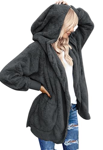 Yanekop Womens Fuzzy Fleece Jacket Fall Winter Faux Fur Coat Sherpa Jacket Open Front Cardigan Outerwear with Pockets(B Dark Grey,XL) - Image 5