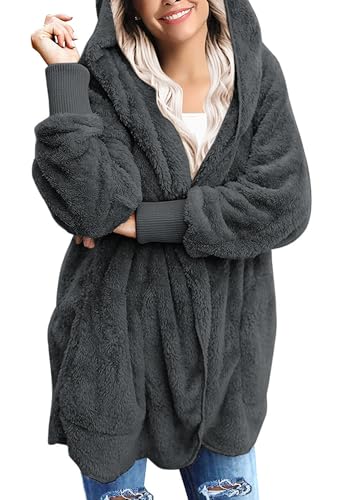 Yanekop Womens Fuzzy Fleece Jacket Fall Winter Faux Fur Coat Sherpa Jacket Open Front Cardigan Outerwear with Pockets(B Dark Grey,XL) - Image 2