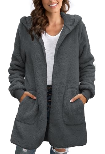 Yanekop Womens Fuzzy Fleece Jacket Fall Winter Faux Fur Coat Sherpa Jacket Open Front Cardigan Outerwear with Pockets(B Dark Grey,XL) - Image 3