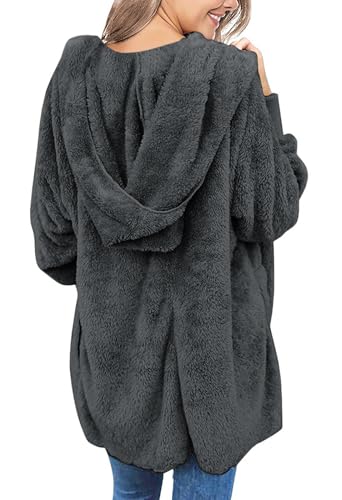 Yanekop Womens Fuzzy Fleece Jacket Fall Winter Faux Fur Coat Sherpa Jacket Open Front Cardigan Outerwear with Pockets(B Dark Grey,XL) - Image 4