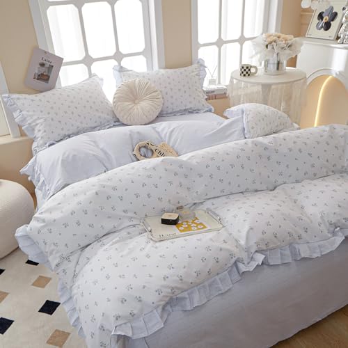 AMZTOP Blue Floral Duvet Cover Twin 100% Cotton with Ruffle, Teen Girls Flower Comforter Cover with Zipper Closure, 3 Pcs Romantic Aesthetic Bedding Sets 68"x86" - Image 1
