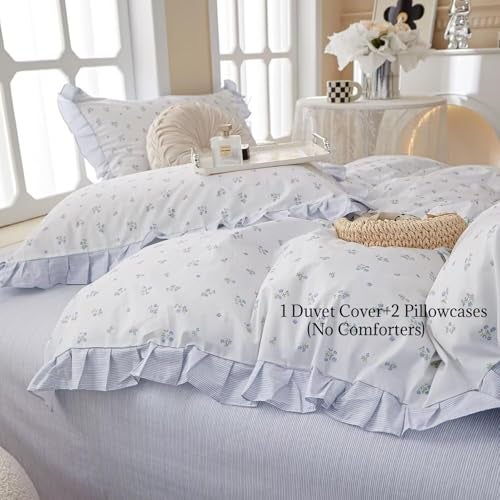 AMZTOP Blue Floral Duvet Cover Twin 100% Cotton with Ruffle, Teen Girls Flower Comforter Cover with Zipper Closure, 3 Pcs Romantic Aesthetic Bedding Sets 68"x86" - Image 2