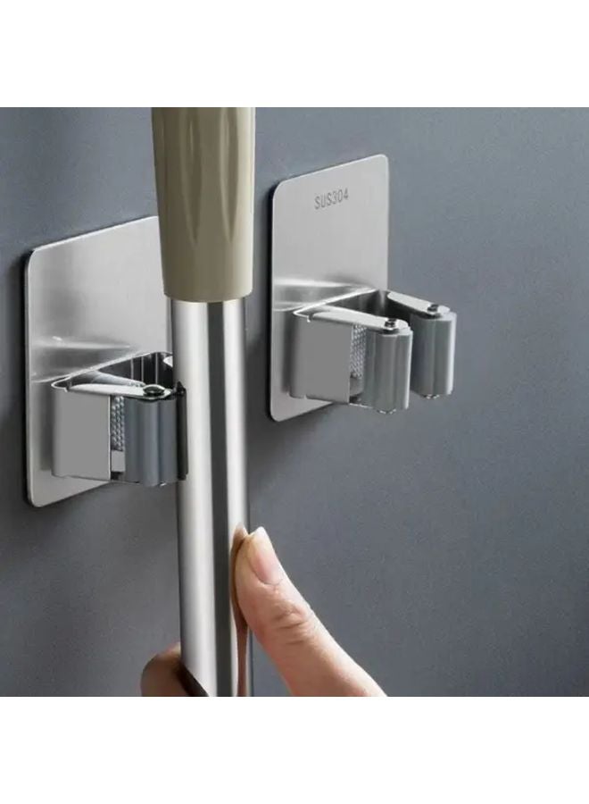 3pcs Silvery Stainless Steel Mop Broom Holder Wall Mounted Storage Rack With Hooks - Image 3