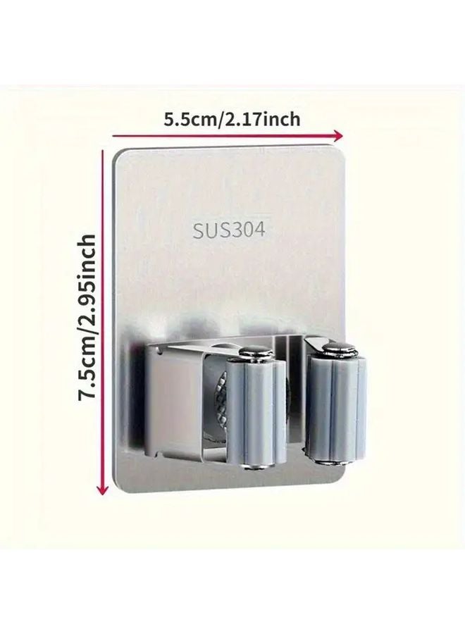 3pcs Silvery Stainless Steel Mop Broom Holder Wall Mounted Storage Rack With Hooks - Image 5