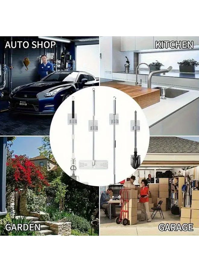 3pcs Silvery Stainless Steel Mop Broom Holder Wall Mounted Storage Rack With Hooks - Image 4