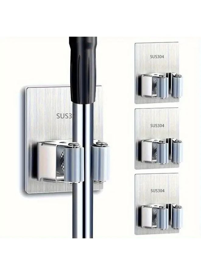 3pcs Silvery Stainless Steel Mop Broom Holder Wall Mounted Storage Rack With Hooks - Image 2