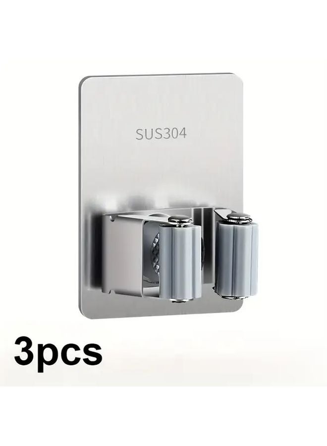 3pcs Silvery Stainless Steel Mop Broom Holder Wall Mounted Storage Rack With Hooks - Image 1