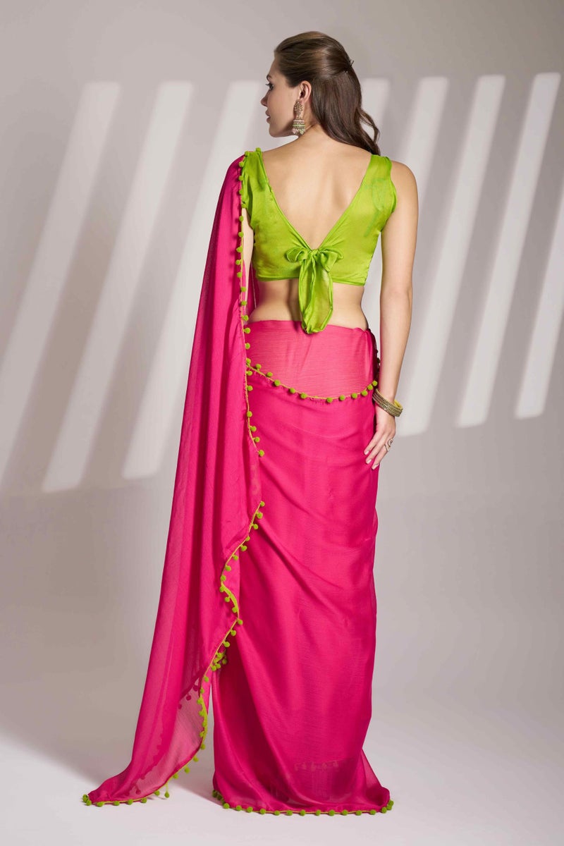 Shiv Textiles Women's Chiffon Lace Border Saree(KLIS-925-PINK) - Image 4