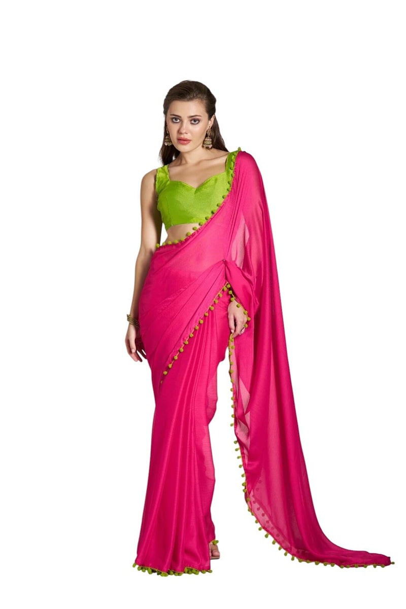 Shiv Textiles Women's Chiffon Lace Border Saree(KLIS-925-PINK) - Image 1