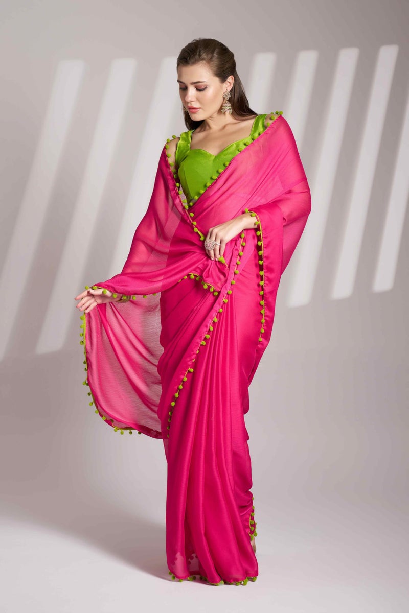 Shiv Textiles Women's Chiffon Lace Border Saree(KLIS-925-PINK) - Image 3