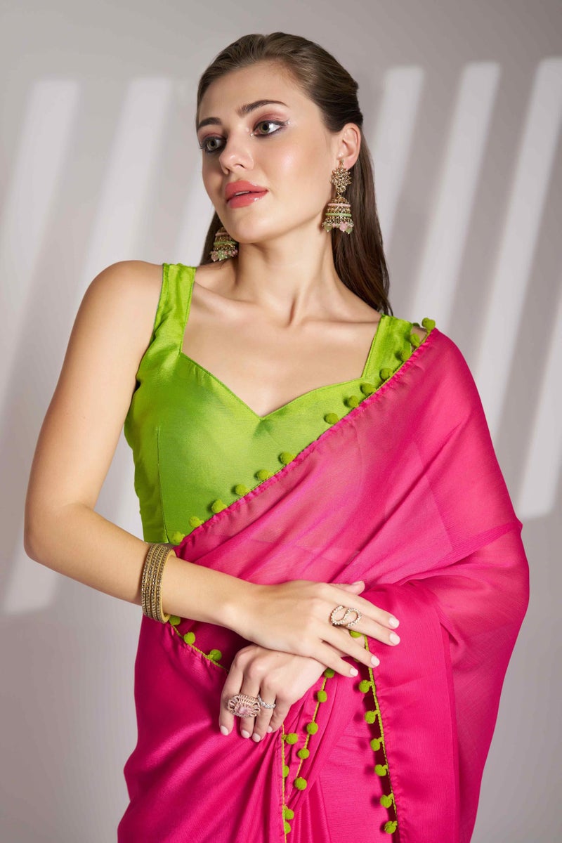 Shiv Textiles Women's Chiffon Lace Border Saree(KLIS-925-PINK) - Image 5