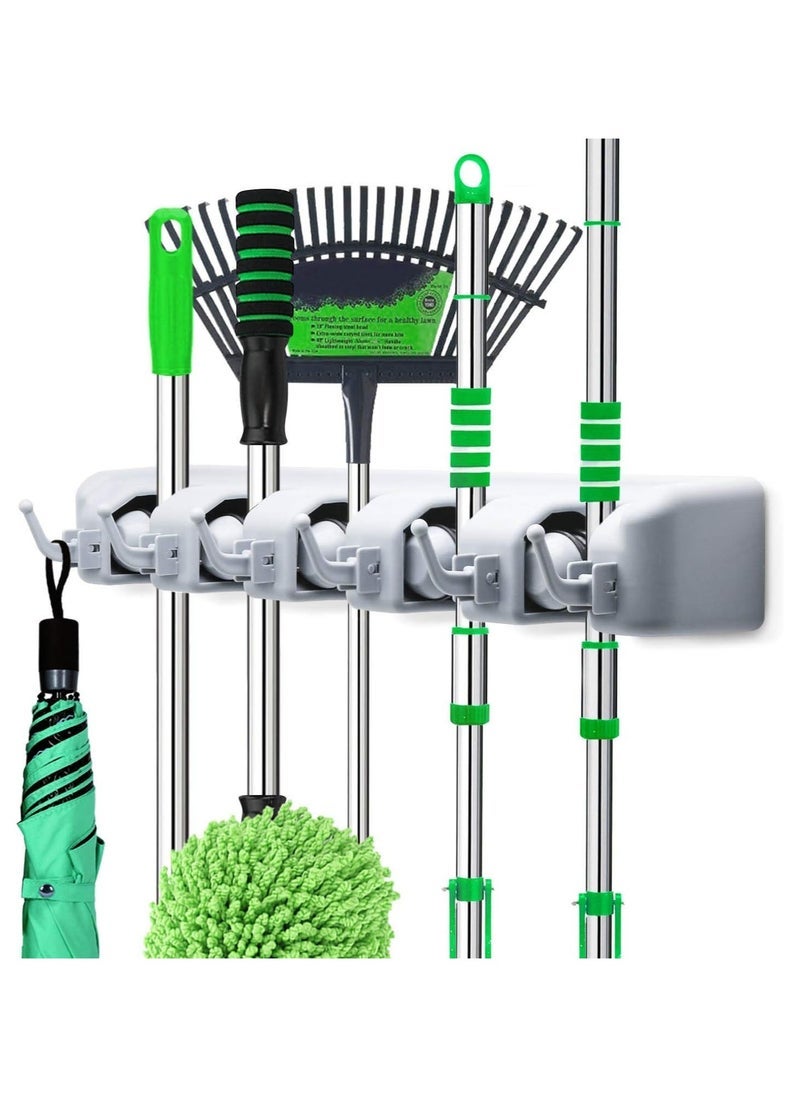 ELTRAZONE Wall-Mounted Tool Holder with Wax-Coated Handlebar | Heavy-Duty Storage Rack with 5 Quick-Release Spring Clamps & 6 Hooks | Multipurpose Organizer for Brooms, Mops, Rakes & Cleaning Supplies | Space-Saving Garage & Kitchen Storage Solution  - Image 1