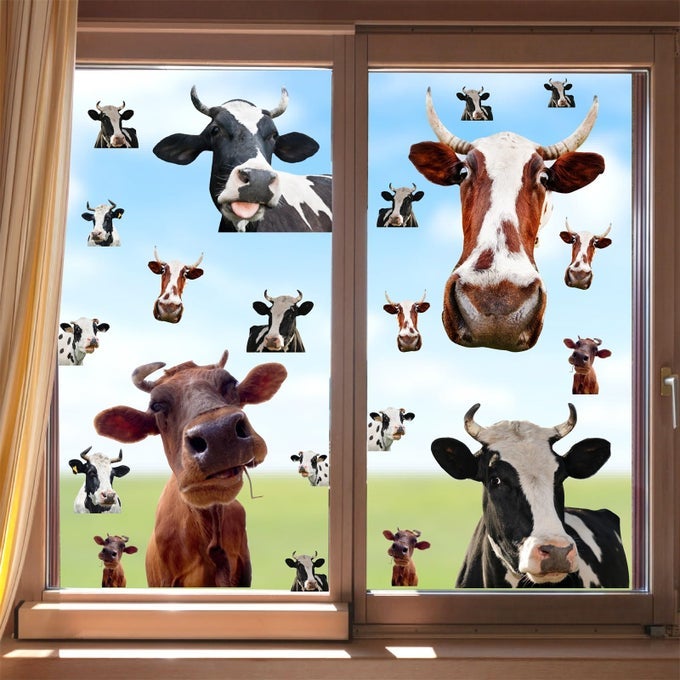 LARGE 20PCS FUNNY COW DECALS COW WINDOW STICKERS PEEKING COW WALL STICKER PEEL AND STICK DECAL RUSTIC FARM ANIMAL WALL DECALS COW PRINT DECOR VINYL ART MURAL STICKER FOR LIVING ROOM KITCHEN DECORATION