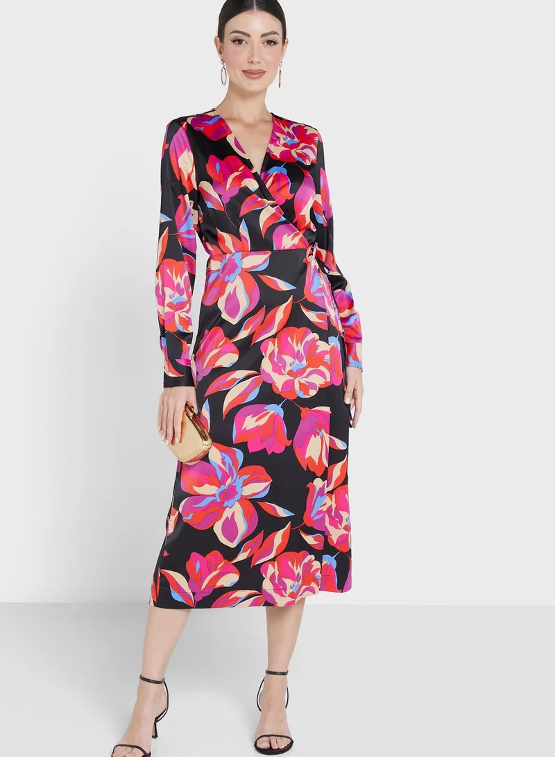YAS Floral Satin Wrap Dress