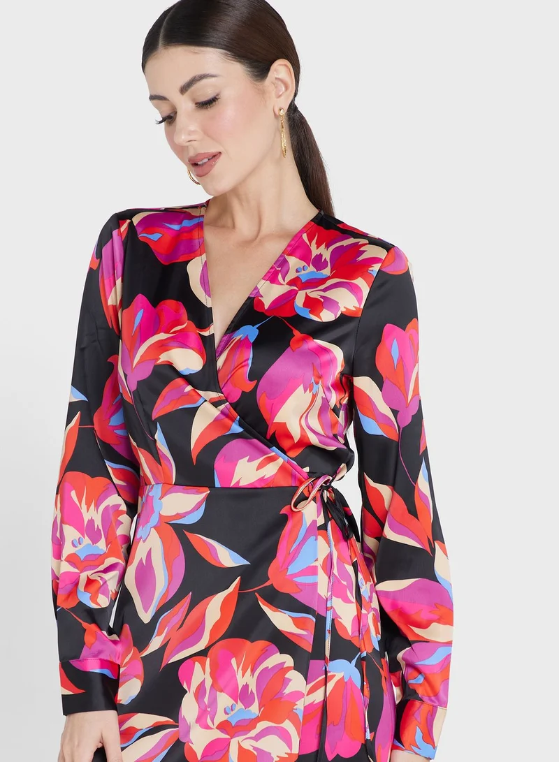 YAS Floral Satin Wrap Dress