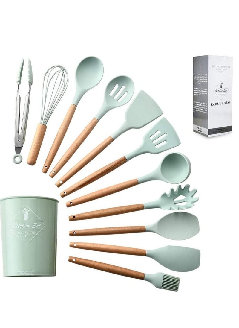 ELTRAZONE Silicone Cooking Kitchen 11PCS Wooden Utensils Tool for Nonstick Cookware,Cooking Utensils Set with Bamboo Wood Handles for Nonstick Cookware，Non Toxic Turner Tongs Spatula Spoon Set - Image 1