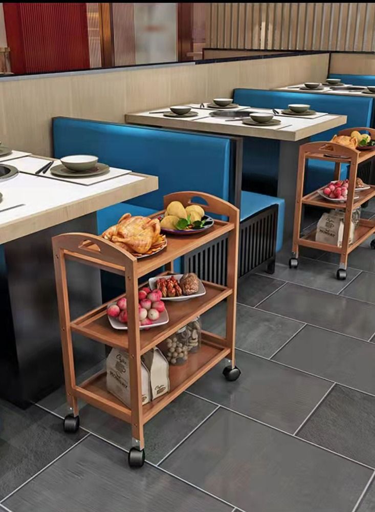 LINGWEI 1-Piece Bamboo Moveable Serving Trolley Shelf Rack 3-Tier  - Image 4