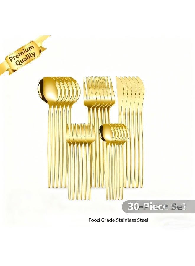 Luxury light gold flatware set, 30 pieces, made of stainless steel. Suitable for family gatherings, dinners, hotels, Western restaurants, cafes, and dessert shops; an essential choice for a candlelight dinner. - Image 1