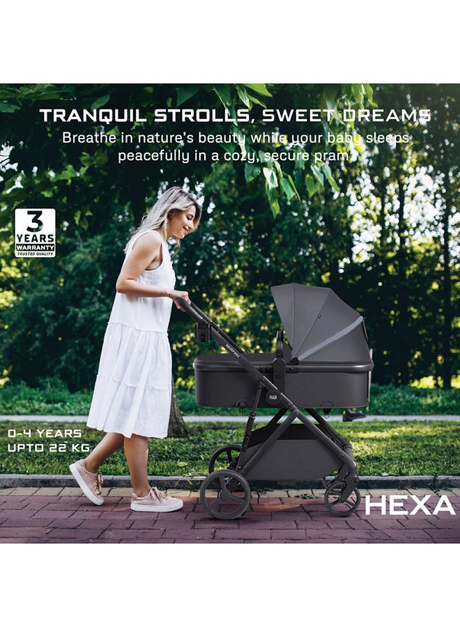 عربة أطفال HEXA 2 في 1 قابلة للتحويل، مع سرير أطفال، سلة XL، مظلة مقاومة للماء UPF 50+، مقبض قابل للعكس، حامل أكواب مزدوج، 0-4 سنوات، 22 كجم، ضمان 3 سنوات
