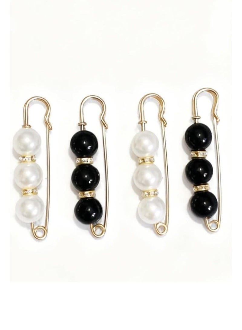4 Pcs Pearl Brooch Pins for Women – Fashion Clips, Crafts, Sweater & Shawl Accessories (BLACK & WHITE) - Image 1